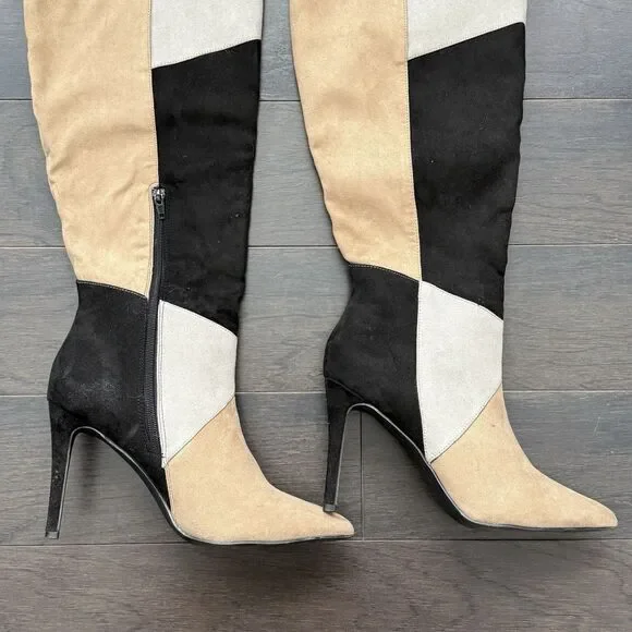 JustFab Faux Suede Patchwork Knee High Heel Boots Womens 10 Black Tan Y2K 90s - Picture 4 of 13